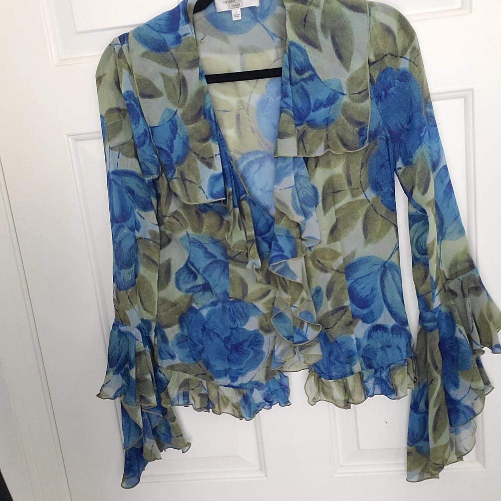 RONNY KOBO, Blue & Olive Floral Ruffle Wrap Blouse - Picture 4 of 11